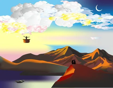 Landscape with a balloon, Stock Illustration