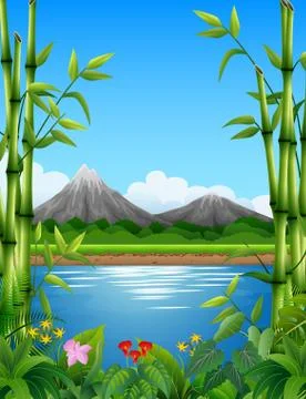Landscape with bamboo trees in the lake and mountains Stock Illustration