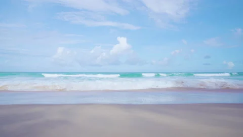 Landscape beach sand desert wave sea bright water blue sky cloudy daylight. Stock Footage 208606834