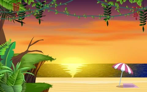 Landscape of the beach in sunset in summer Illustrazione stock