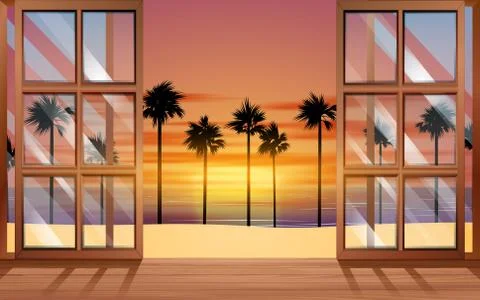 Landscape of the beach in sunset at the windows Stock Illustration