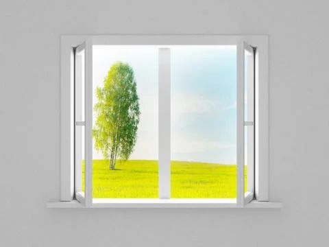 Landscape behind the open window. 3D image Illustrazione stock
