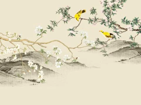 Landscape beige background, hills, thin flowering branches, two yellow birds Stock Illustration