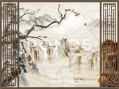 Landscape beige background, hills, waterfalls, tree, grille in the foreground Stock Illustration