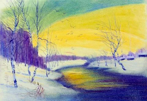Landscape with birch trees and the river Stock Illustration