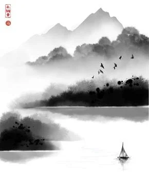 Landscape with black misty forest mountains over the water on white background Stock Illustration