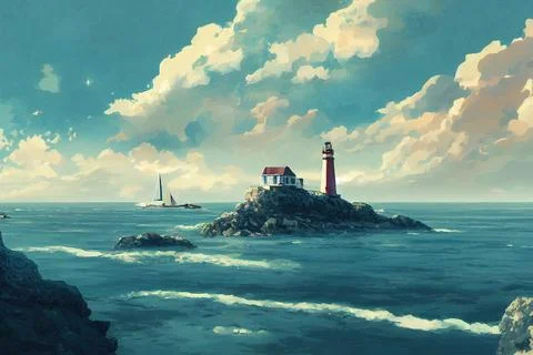 Landscape with blue sea, white sailboats, lighthouse and rock island Stock Illustration