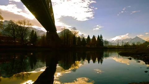 Landscape Bridge. water reflection. background Stock Photos
