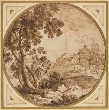 Landscape with Buildings and Figures, second half 1600s(?). Onorio Marinari.. Ilustración de archivo