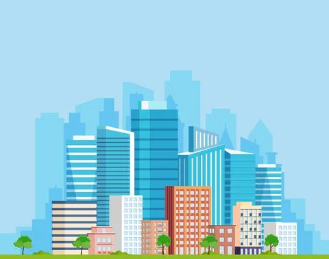 Landscape with buildings, mountains Ilustração Stock
