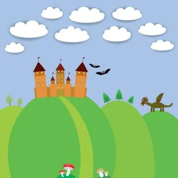 Landscape with castle wizard, cartoon dragon, bats and blue sky with clouds. Stock Illustration