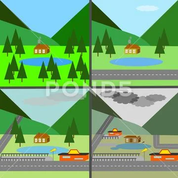 Landscape changes: a highway destroys the countryside. Stock Illustration