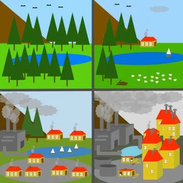 Landscape changes: from wilderness to heavy industrialization. Stock Illustration