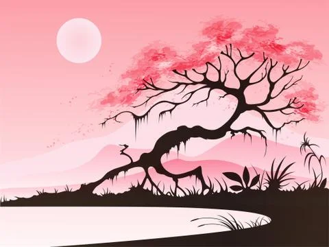 Landscape with cherry blossom Stock Illustration