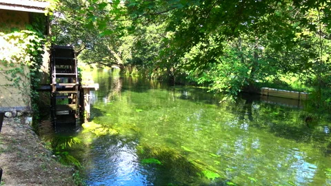 Landscape of the clean stream with the water wheel at Azumino city in Japan Stock Footage 262608448