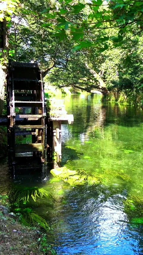 Landscape of the clean stream with the water wheel at Azumino city in Nagano. 4K Stock Footage 344947017