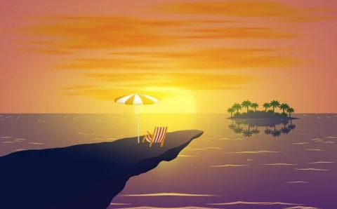 Landscape of cliff on the beach in sunset Stock Illustration