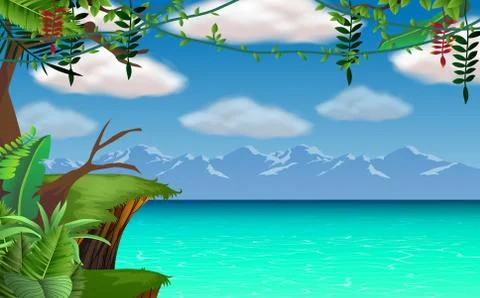 Landscape of cliff on the beach white clouds and mountain background 스톡 일러스트