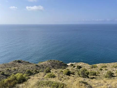 Landscape of cliff. Between Benidorm beach, Finestrat bay and Villajoyosa Stock Photos
