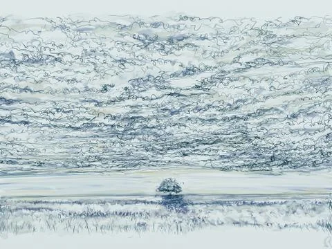 Landscape cloak with clouds and a tree Stock Illustration