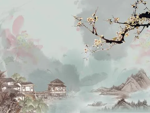 Landscape, clouds, gray background, hills, flowering branch, village houses Stock Illustration