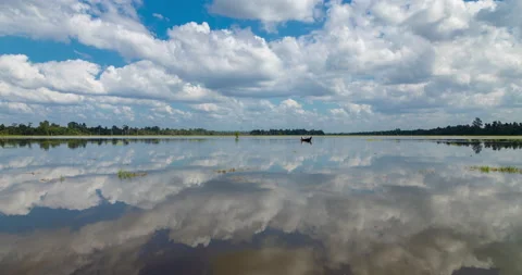 Landscape with clouds reflected, Neak Pean temple, Angkor, Cambodia. Stock Footage 145900948