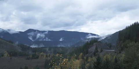 Landscape of Cloudy Oregon Mountains Pines Forest | Static Wide Shot Stock Footage 24097055