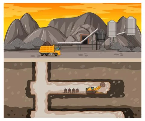 Landscape of coal mining with underground scene 스톡 일러스트