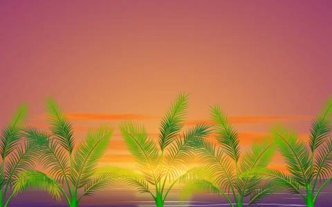 Landscape of coconut tree on the beach in sunset Stock Illustration