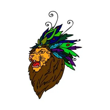 Landscape with colored line-drawn lion in a feather headdress inside the circ Stock Illustration