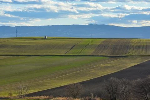 Landscape with colorful different fields with a wayside shrine Stock Photos