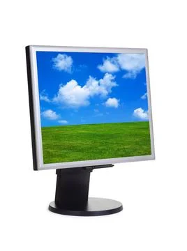Landscape on computer screen Landscape on computer screen isolated on whit... 스톡 사진