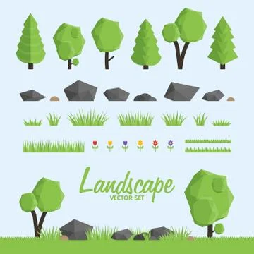 Landscape constructor icons set.  Trees, stone and grass elements for lands.. Stock Illustration
