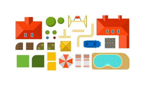 Landscape constructor plan private house courtyard, lawn and pool top view flat Stock Illustration