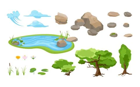 Landscape constructor. Set of different nature forests and hills. Set of rocks Illustrazione stock