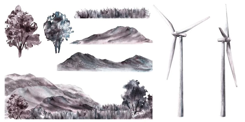 Landscape constructor Windmills, wind turbine hills trees mountains. Watercolor Illustrazione stock