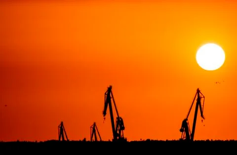 Landscape of a cranes in a harbor at sunset with clouds Stock Photos