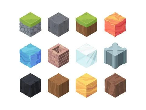 Landscape cubes isometric game set. Formations color wood and coal fractal made Stockillustratie