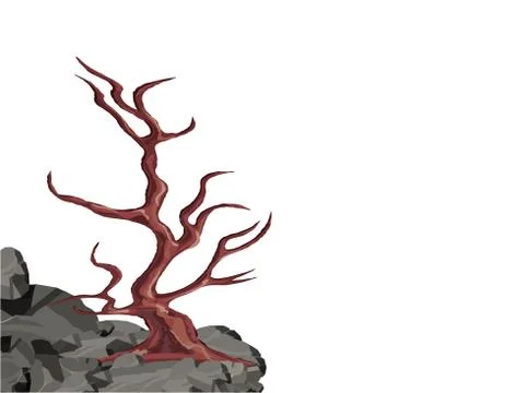 Landscape. A curved tree without leaves on a rock among the stones. Oak, cher Stock Illustration