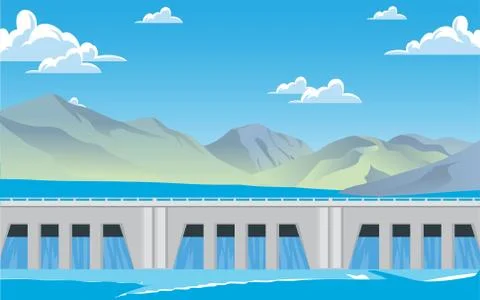 Landscape of dam at the river in summer Stock Illustration