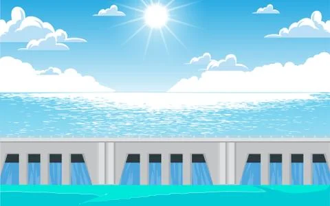 Landscape of dam at the river in summer Stock Illustration
