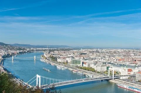 Landscape of Danube River and Budapest City Dock from Citadella, Hungary. Stock Photos
