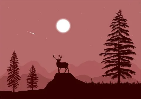 Landscape deer and moon Stock Illustration