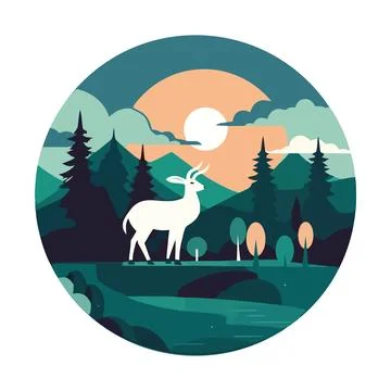 Landscape Deer and pine tree silhouette Stock Illustration