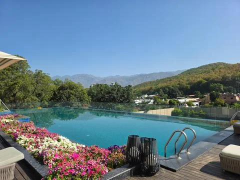 Landscape from Dehradun featuring a luxury infinity pool, colorful flower beds, Stock Photos