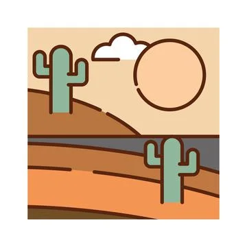 Landscape desert arid cactus sand sun nature cartoon, filled line flat colors Stock Illustration