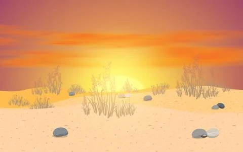 Landscape of desert with clouds on the sky in sunset Stock Illustration