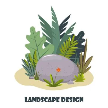Landscape design composition with plant and stones. Cute floral composition f Stock Illustration