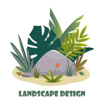 Landscape design composition with plant and stones. Cute floral composition f Stock Illustration