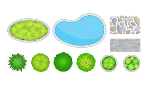 Landscape Design Elements with Green Bushes and Swimming Pool Vector Set Stock Illustration